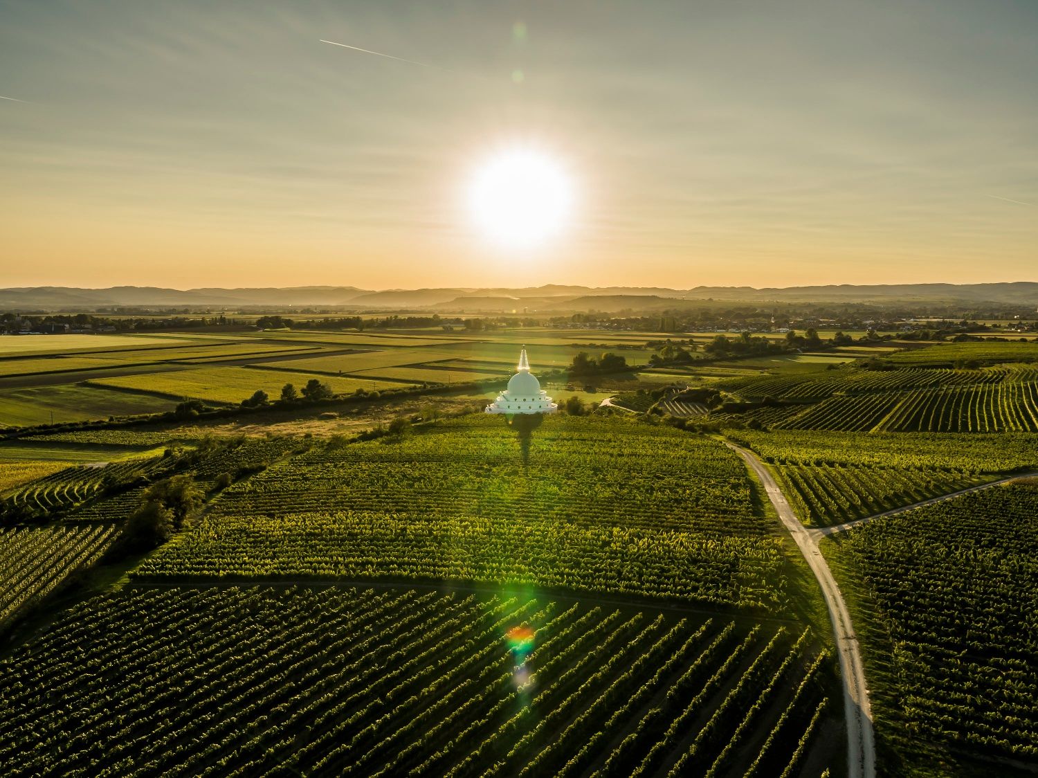 Sunset over vineyards in Feuersbrunn-Ritzenthal with the stupa