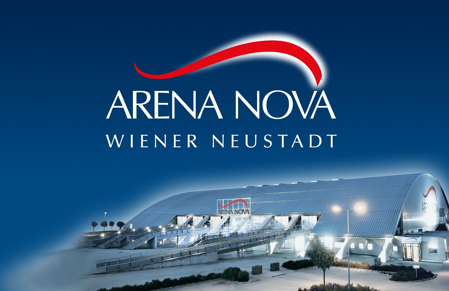 Exterior view of the Arena Nova in Wiener Neustadt at night.