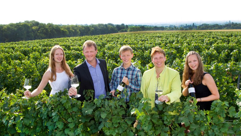 A group of five people stand in a vineyard holding wine glasses and bottles.