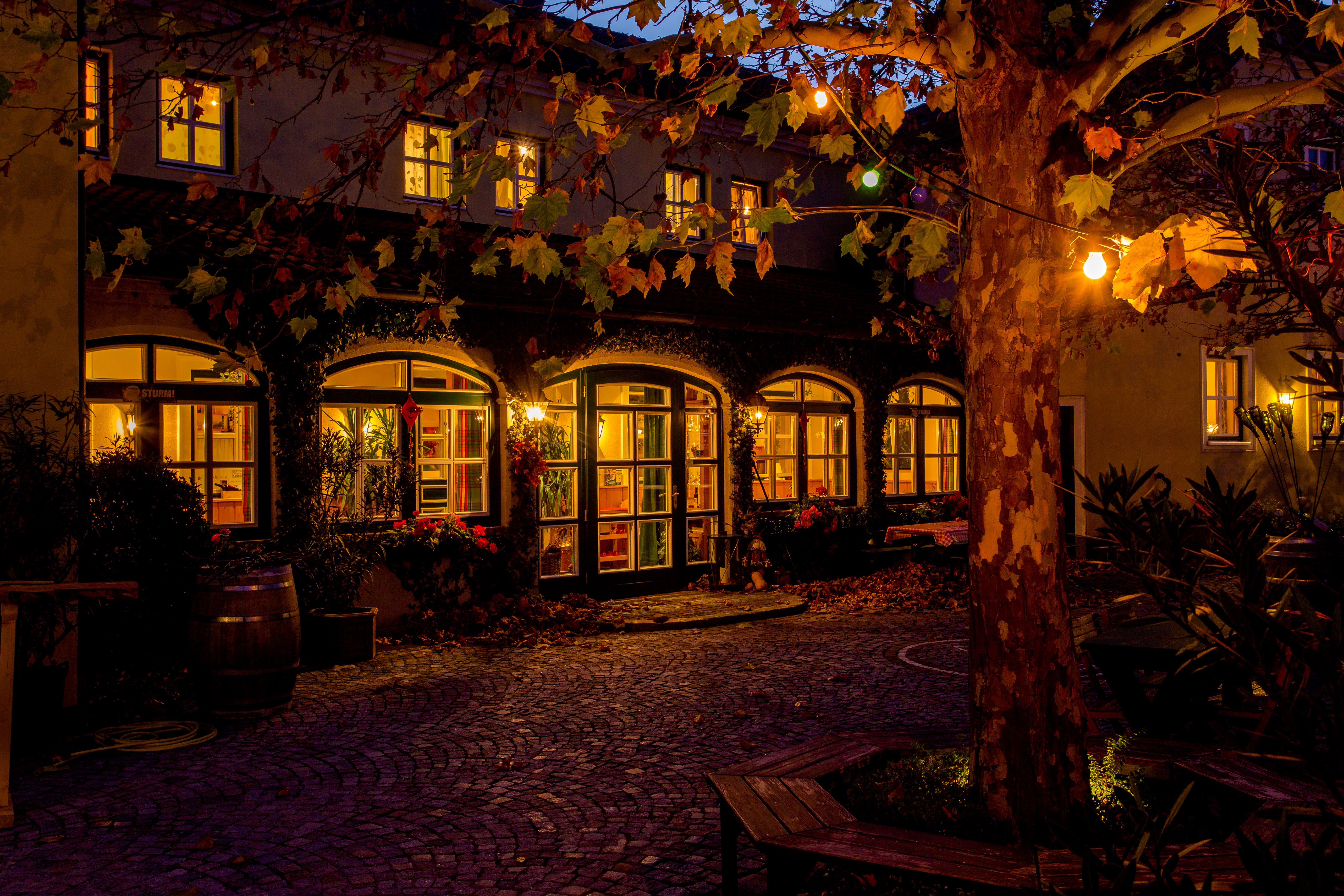 Cozy inner courtyard of a building at night, illuminated by warm light and surrounded by autumnal trees.