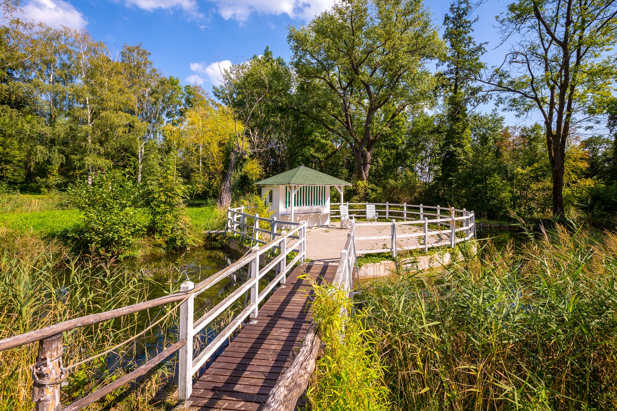 A pavilion with a green roof on a platform surrounded by trees and reeds, with a wooden walkway for access.