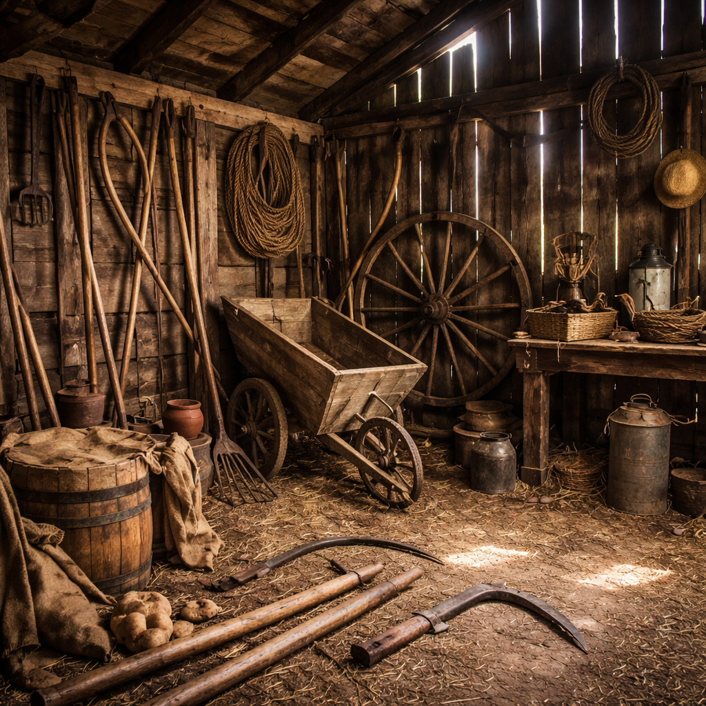 Interior view of an old barn with various agricultural tools such as scythes, rakes and a wooden cart.