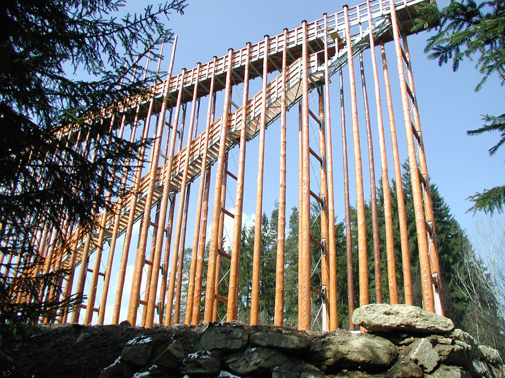Wooden construction with stairs in a wooded area.