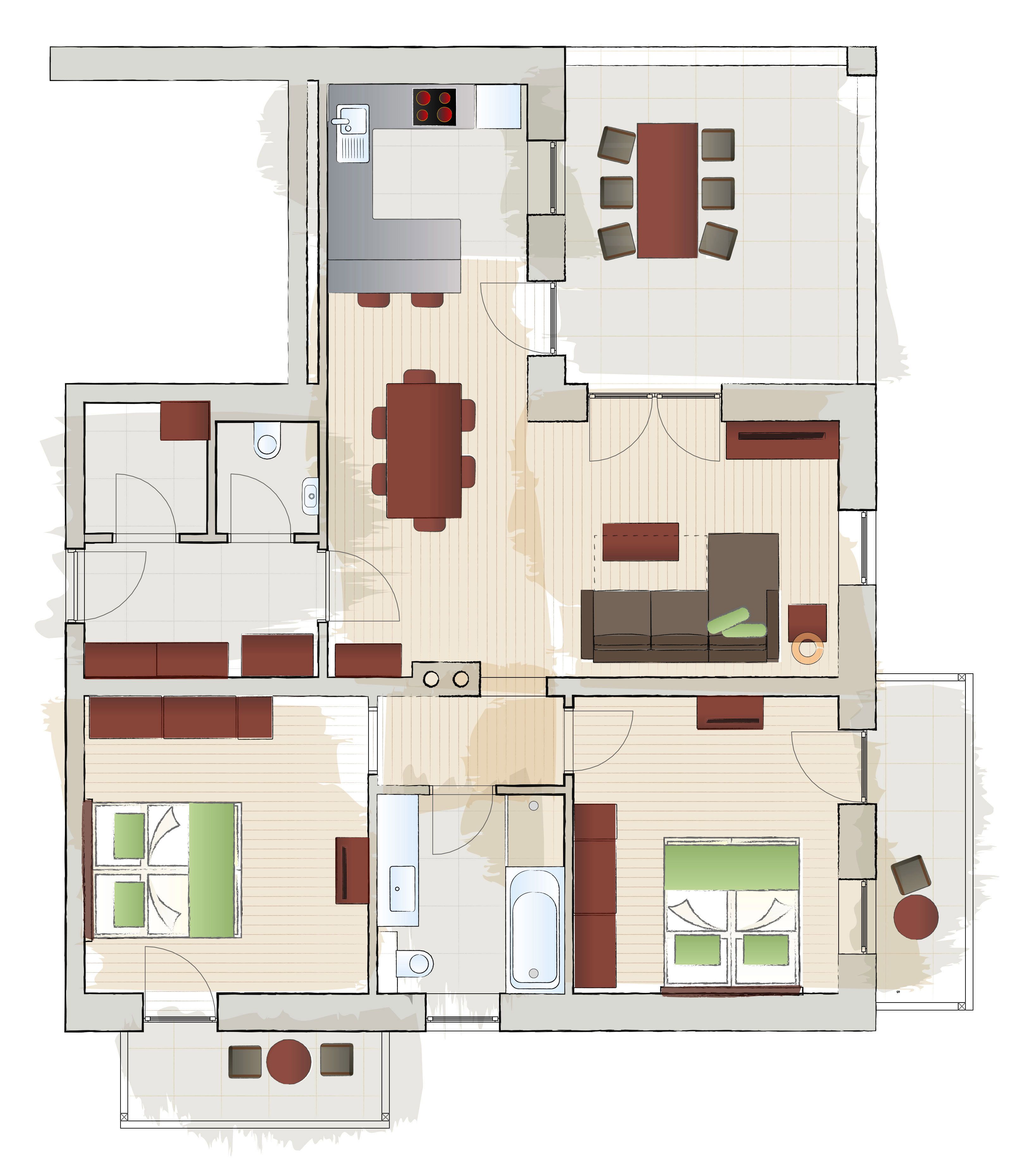 Floor plan of an apartment with two bedrooms, kitchen, living room, dining area and two balconies.
