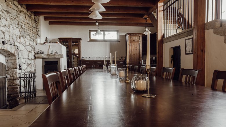 Large room with long wooden table, wood-burning stove and stone wall.