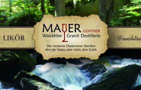 Advertising banner of the Wald4tler granite distillery with forest background.