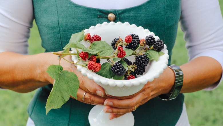 One person is holding a white bowl with blackberries and leaves.