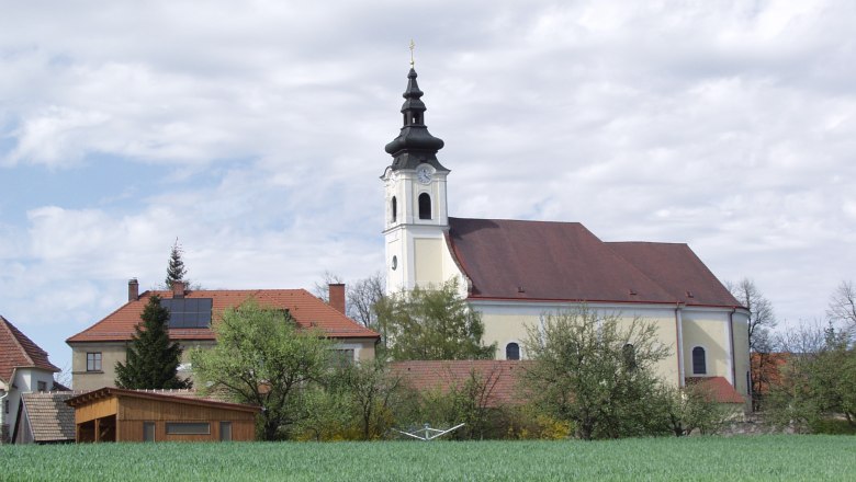 Church in Sankt Leonhard am Hornerwald with surrounding buildings and green field.