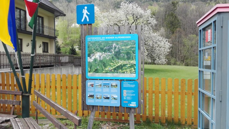 Hiking starting point Prein with information board and telephone box.