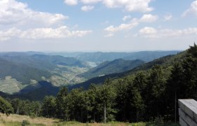 Panoramic view over wooded hills and a valley in the Jauerling Nature Park, with blue sky and clouds.