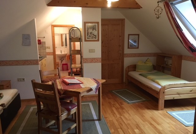 Cozy vacation apartment with wooden furniture, two beds, dining table and skylight.