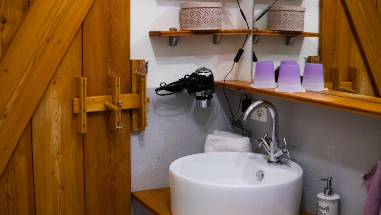 Bathroom with washbasin, mirror, hairdryer and wooden shelves.