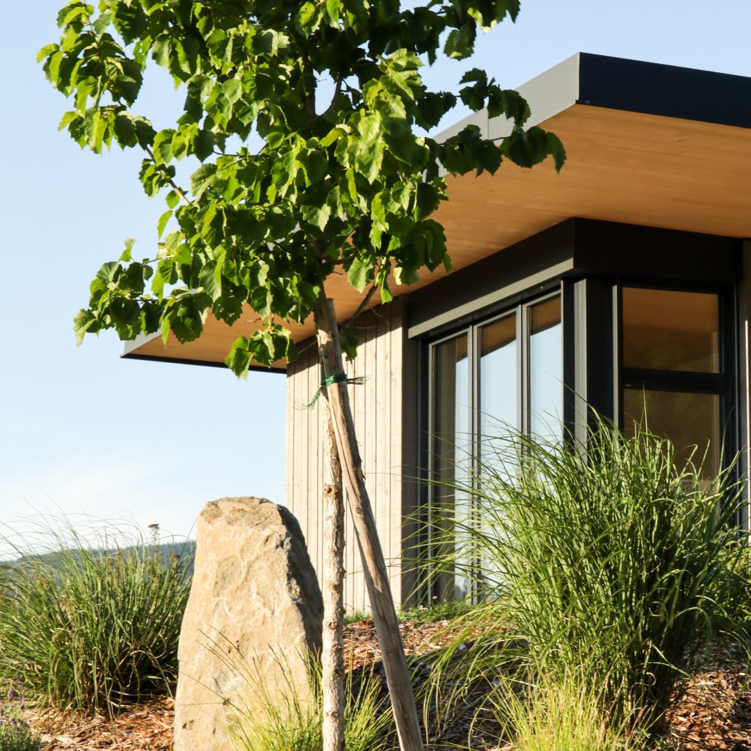 Modern lodge with wood paneling, surrounded by trees and grass.