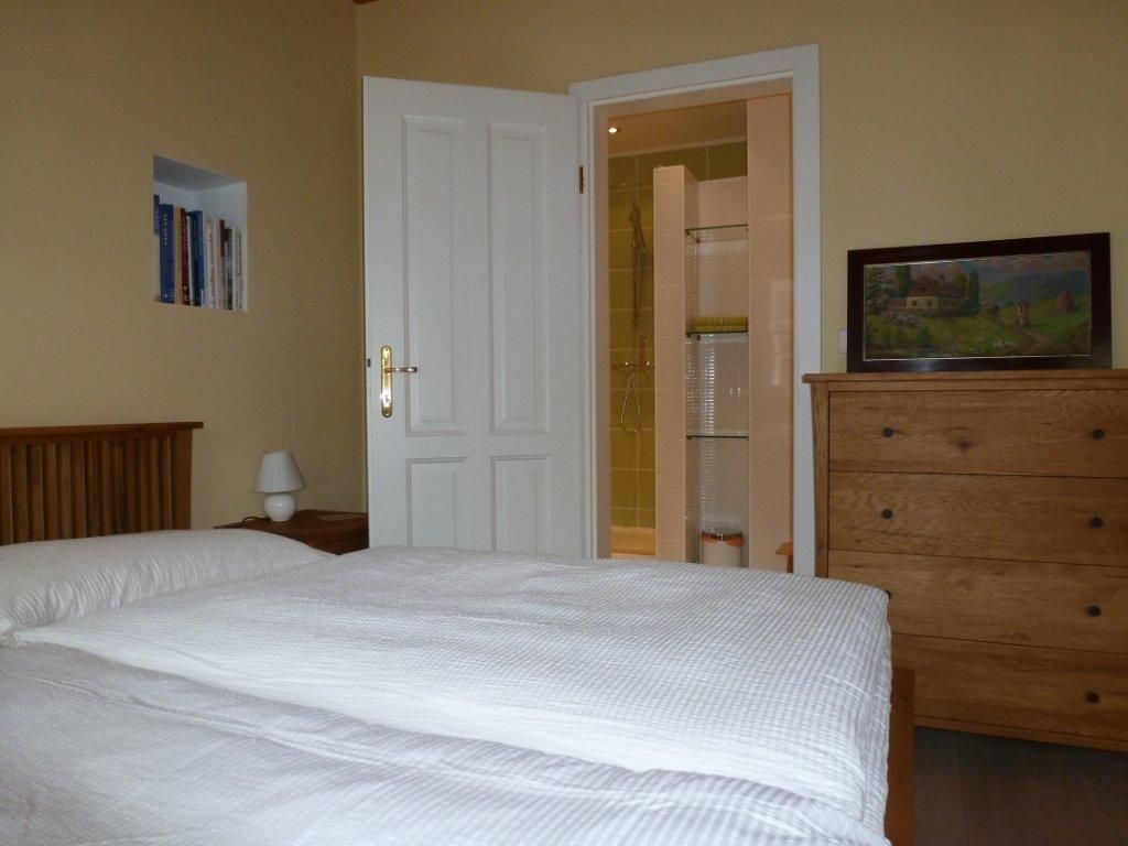 A cozy double room with bed, chest of drawers, bookshelf and open bathroom.