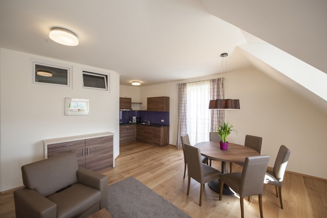 Modern living room with wooden floor, dining table and kitchenette.