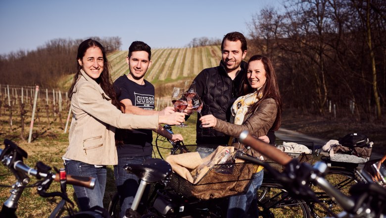Four people clink glasses of wine while standing next to e-bikes in a vineyard.