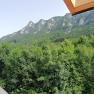 View from a window of a wooded mountain and dense forest in the foreground.