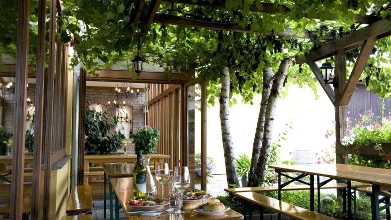Cozy terrace with wooden tables, wine bottles and glasses, surrounded by green plants and vines.