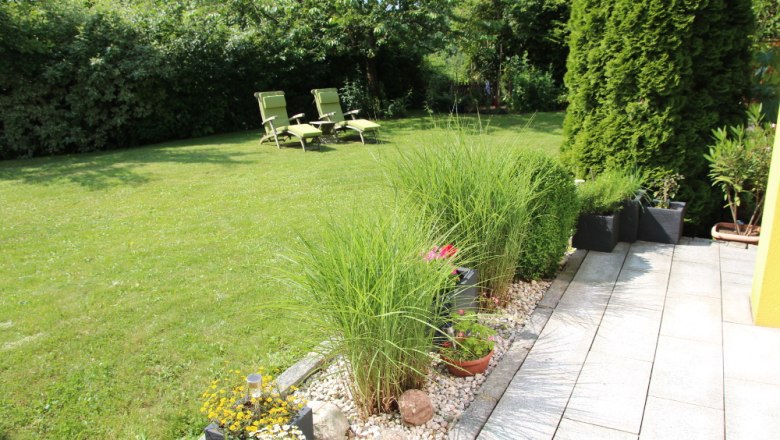 Garden with lawn, sun loungers and planted border.