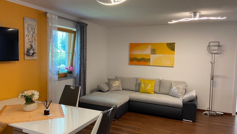 Kitchen-living room with gray pull-out couch, dining table and decorations.