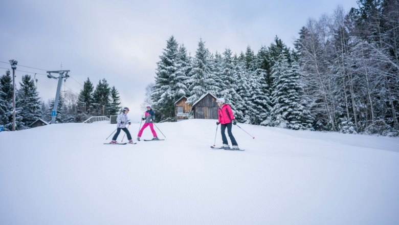 Three skiers on a snowy slope with trees in the background.