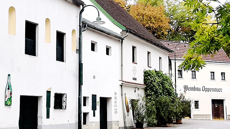 White buildings of a wine cellar with green plants and street lamps.