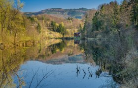 A calm lake with forest and hills in the background, reflected in the water.