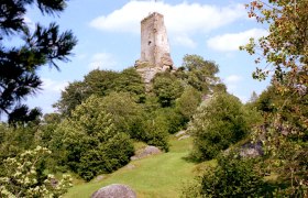 Ruin Arbesbach on a wooded hill with blue sky in the background.
