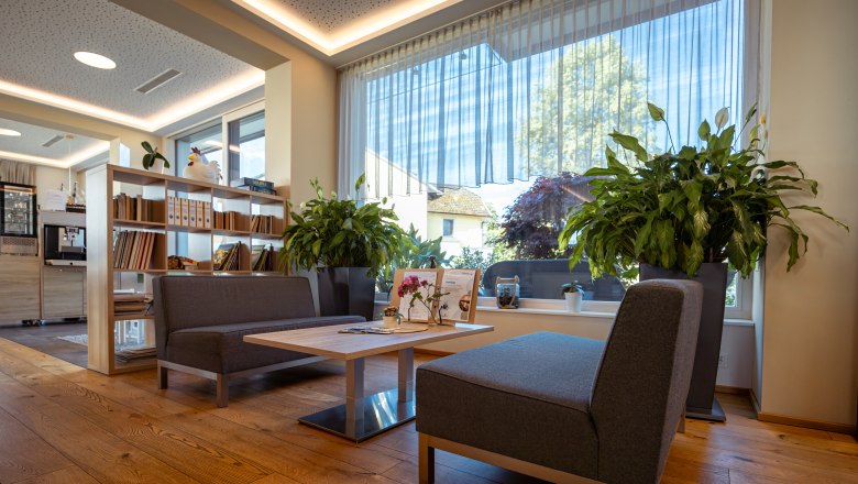 Interior view of a modern waiting room with gray sofas, wooden floor and large plants by the window.