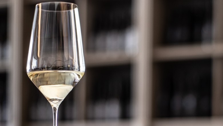 A wine glass with white wine in front of a blurred background.