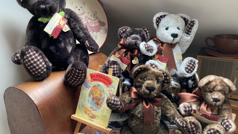 A collection of teddy bears on a table, surrounded by decorations and a book about teddy bears.