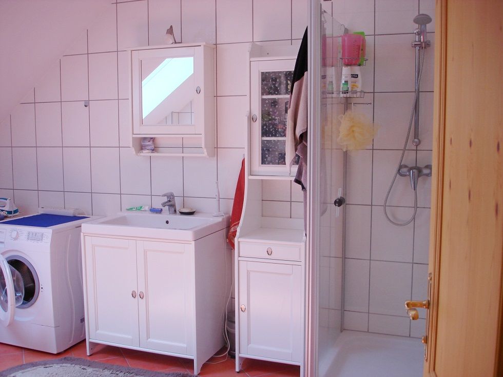 Bathroom with washing machine, washbasin, mirror and shower.