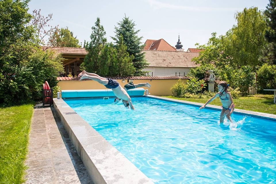 Children play in a swimming pool on a vineyard.