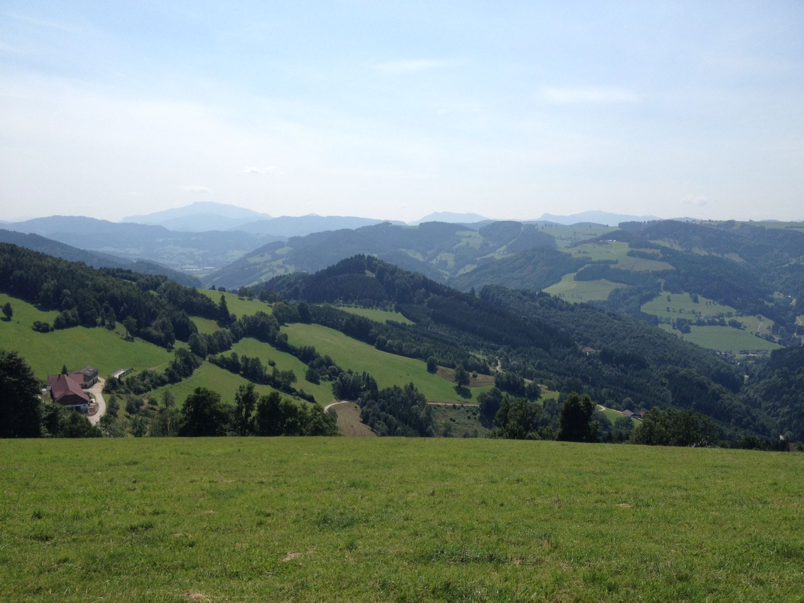 Panorama of a hilly landscape with meadows and forests under a blue sky.