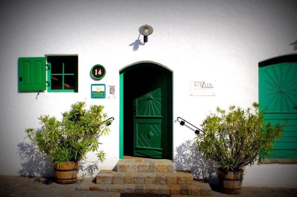 Entrance of a wine tavern with green door and shutters, surrounded by plants in wooden barrels.