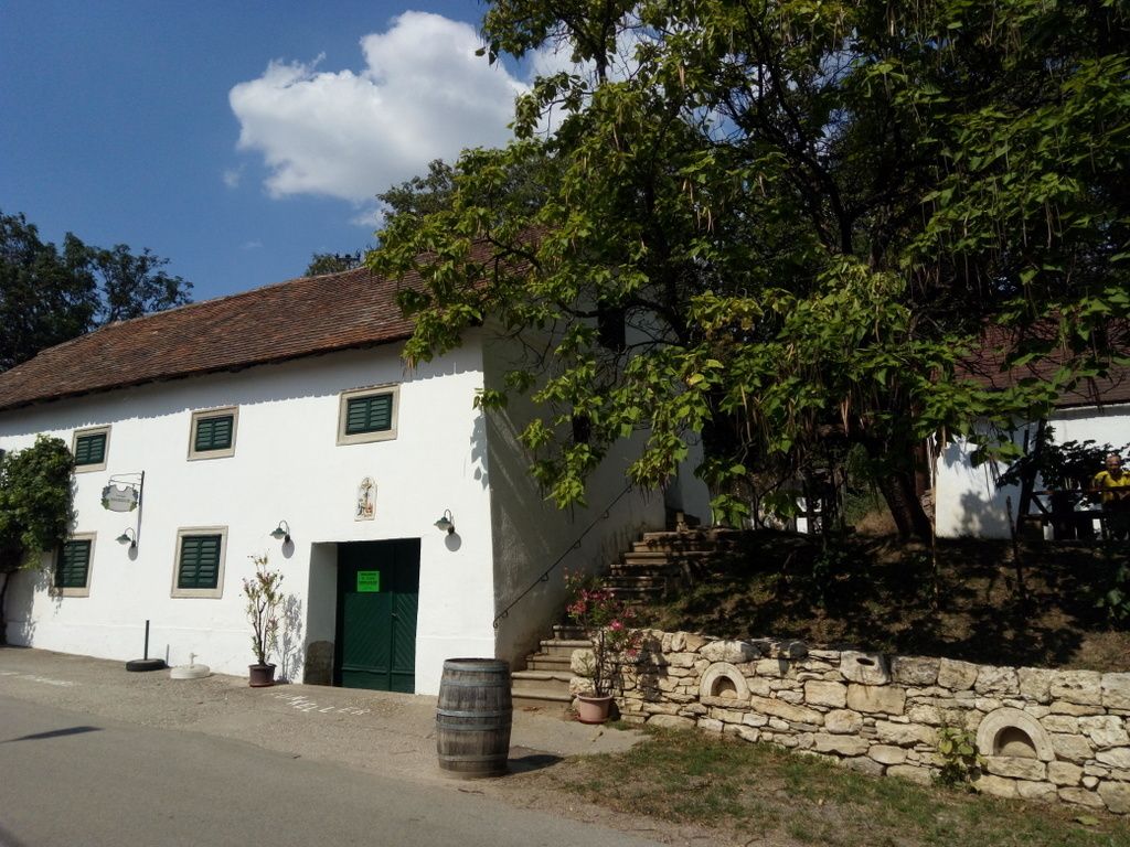 White building with green shutters and an open door, surrounded by trees and a wine barrel on the street.
