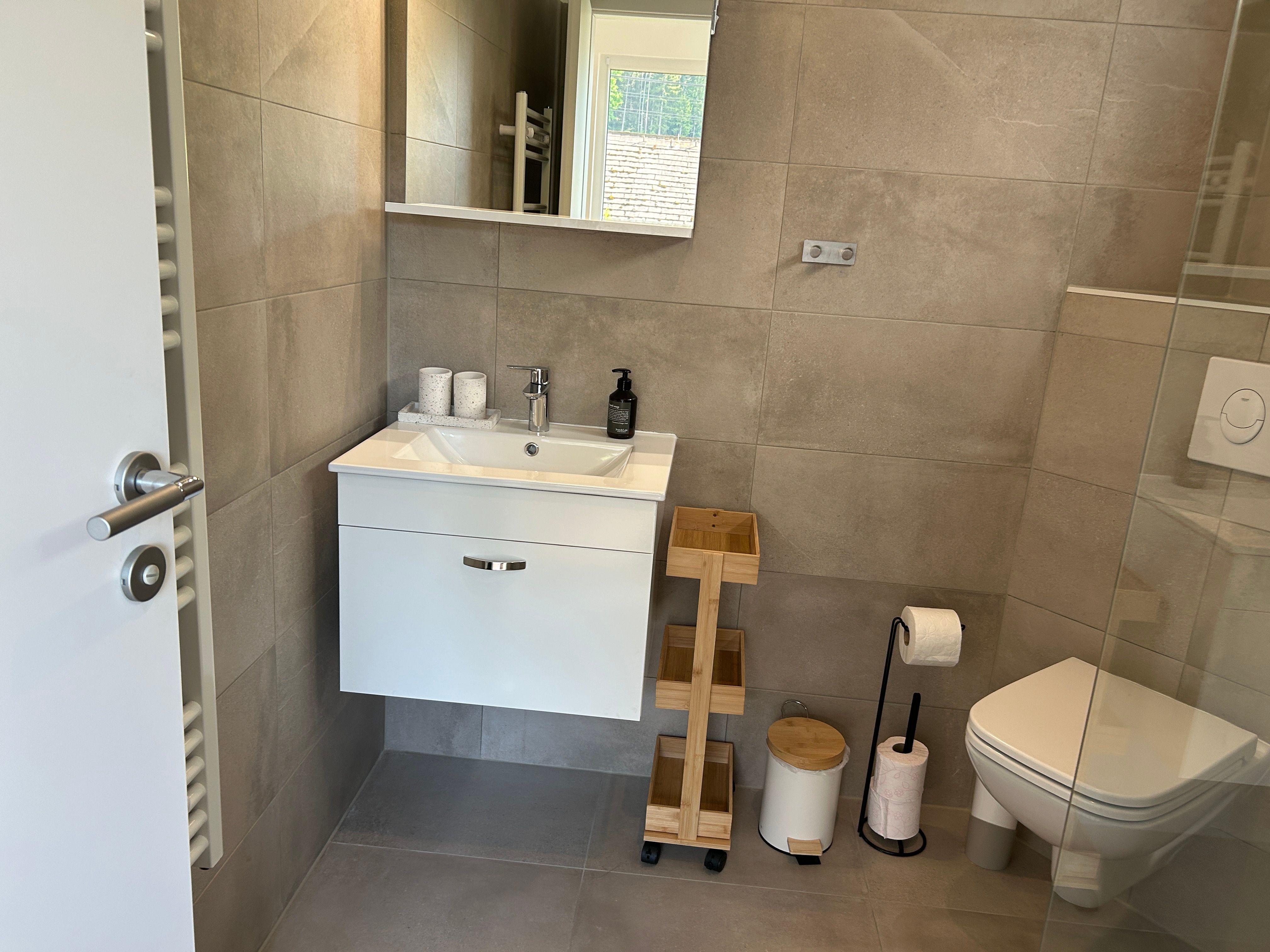 Modern bathroom with washbasin, mirror, toilet and shelves.