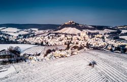 In der winterlichen Kellergasse von Falkenstein erstreckt sich eine malerische Landschaft, die von einer sanften Schneedecke bedeckt ist. Die charmanten Häuser und die sanften Hügel schaffen eine friedliche Atmosphäre, die zum Verweilen einlädt. Hier, wo die Natur und die Tradition harmonisch verschmelzen, erleben Besucher die stille Schönheit des Winters.