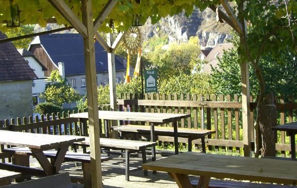 Wooden tables under a pergola with vines, a village and hills in the background.