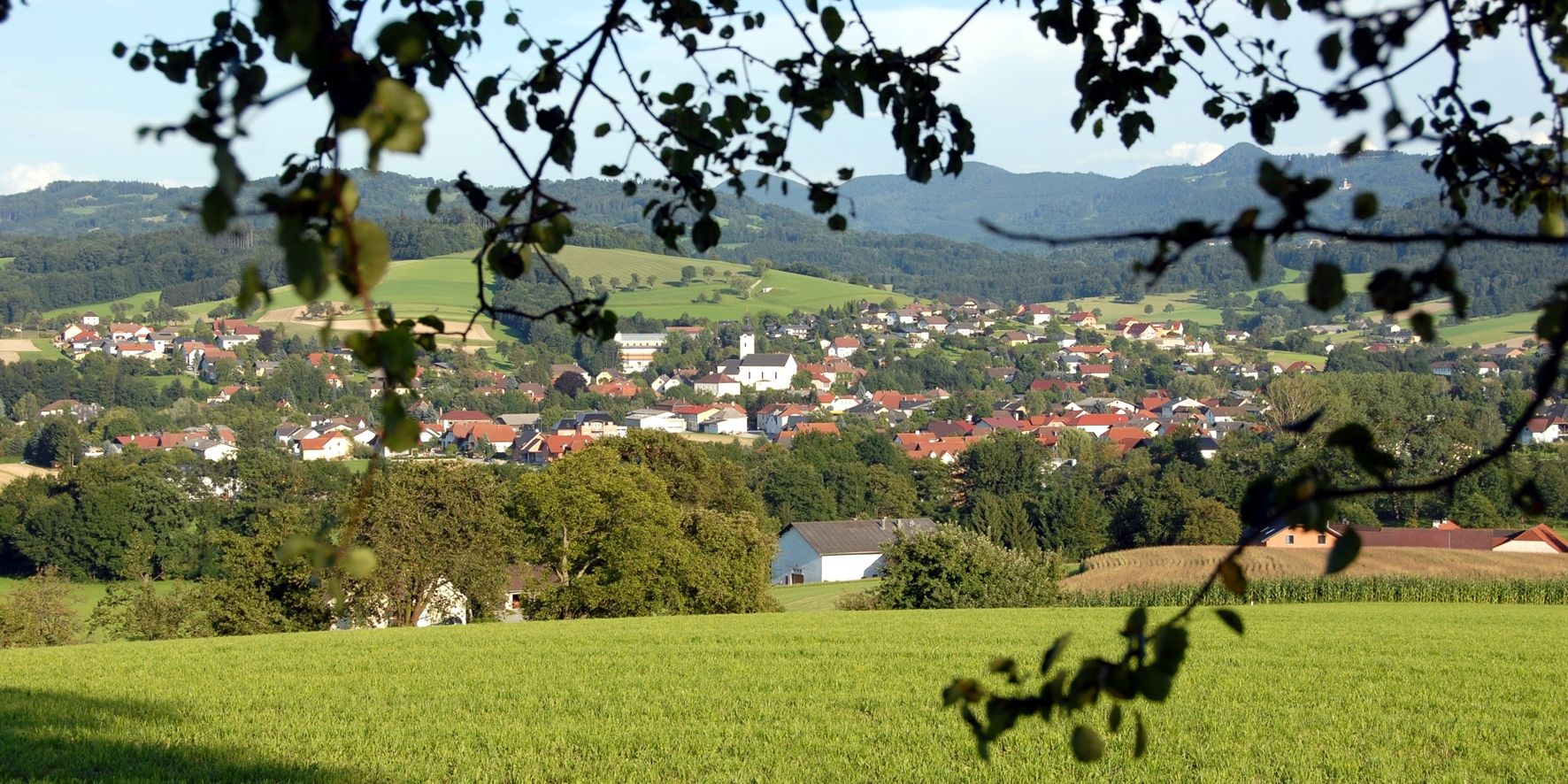 Panorama of Oberndorf an der Melk with green fields and hills in the background.