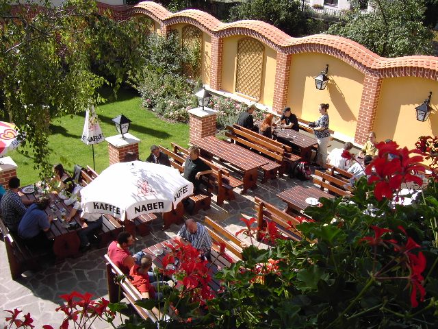 A sunny guest garden with wooden benches and tables, surrounded by a yellow wall and plants.