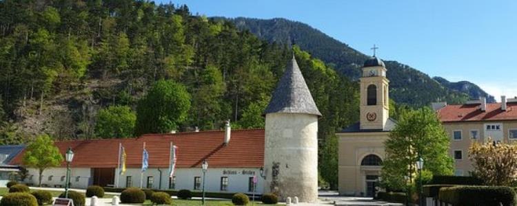Historic building with tower and church in front of a wooded hill.