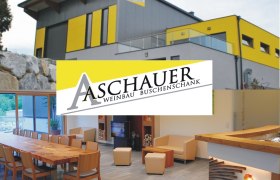 Modern building with yellow and gray facades, interior view of a stylish room with wooden furniture, logo of Aschauer Weinbau Buschenkschank.