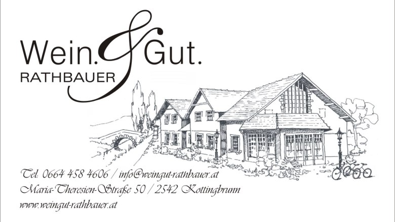 Business card of the Rathbauer winery with a drawing of a building and contact details.