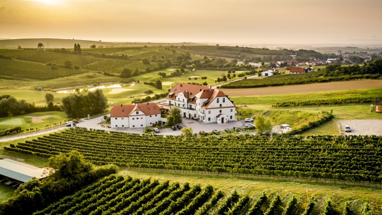 Restaurant & Hotel Neustifter, © Robert Herbst Aerial view of a hotel surrounded by vineyards at sunset.