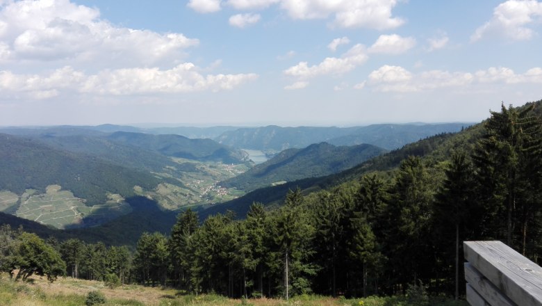 Panoramic view over wooded hills and a valley in the Jauerling Nature Park, with blue sky and clouds.