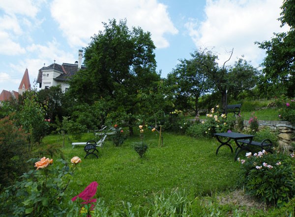 Garden, © Fam. Probst A green garden with trees, flowers and benches under a blue sky.