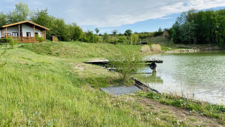 A small house on the banks of a pond with a green meadow and trees in the background.