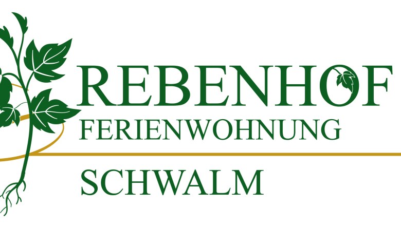 Logo of the Rebenhof with green leaves and lettering 'Rebenhof Ferienwohnung Schwalm'.