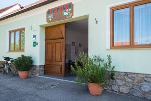 Entrance to a building with a wooden door and plants in pots.